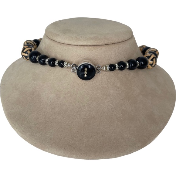 Basket Weave Beads, Black Onxy, Sterling Silver & Swarovski Crystal Necklace - Picture 3 of 6